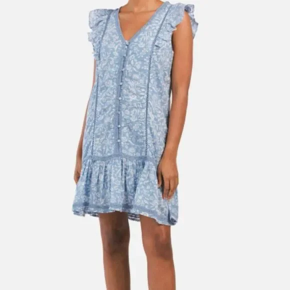 Lucky Brand Lace Trim Ruffle Shoulder Flounce Floral Mini Dress Blue White Small - Picture 2 of 10